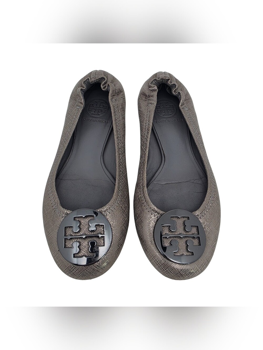 Tory Burch Reva Ballet Flats Pewter Metallic Textured Leather Size 5.5